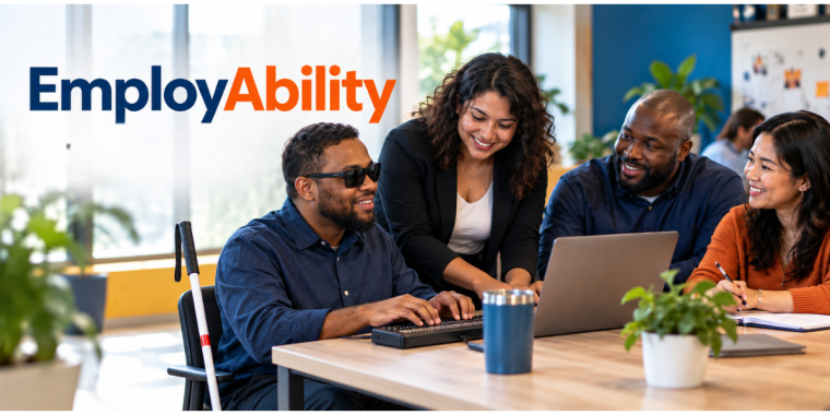 Banner-style image for Pathfinder’s EmployAbility section. The word “EmployAbility” appears in large blue and orange text on the left. On the right, four coworkers sit and stand around a table in a bright office setting. A blind Black man wearing dark glasses works at a laptop with a refreshable Braille display in front of him, and a white cane rests beside his chair. Three coworkers—one woman leaning in at the center, one man seated beside her, and one woman taking notes—smile and collaborate with him. A blue tumbler, notebook, and small plant sit on the table, reinforcing a professional and welcoming workplace environment.